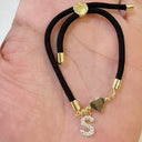 Initial Bracelet A to Z for Women, Black Cord with Gold Letter and Heart Charm