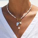 Starfish Bead Necklace, White Beach Necklace with Fish Charms