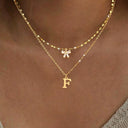 Bow and Initial Necklace Set A to Z, 2 Layered Gold Stainless Steel Necklaces