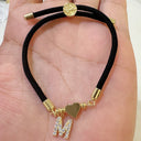 Initial Bracelet A to Z for Women, Black Cord with Gold Letter and Heart Charm