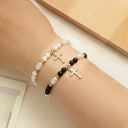 Cross Bead Bracelet Set of 2, Black and White Beaded Bracelets for Women