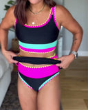 Candela black three-piece colour block bikini set, view 2