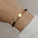 Initial Bracelet A to Z for Women, Black Cord with Gold Letter and Heart Charm