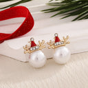 Christmas Earrings with Reindeer and Pearl, Front and Back Pearl Earrings, Festive Gold Studs | Marliva