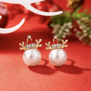 Christmas Earrings with Reindeer and Pearl, Front and Back Pearl Earrings, Festive Gold Studs | Marliva