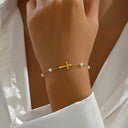 Pearl and Cross Bracelet for Women, Gold Stainless Steel Bracelet