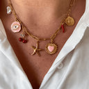 Starfish and Cherry Charm Necklace, Gold Tone Summer Charm Necklace for Women
