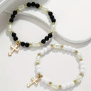 Cross Bead Bracelet Set of 2, Black and White Beaded Bracelets for Women