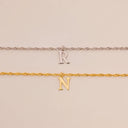 Initial Bracelet, Twisted Rope Chain with Letter Charm, Stainless Steel, Gold or Silver