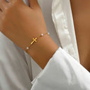 Pearl and Cross Bracelet for Women, Gold Stainless Steel Bracelet