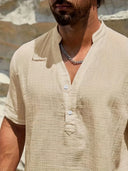Burleigh Men's Mandarin Collar Half-Button Summer Shirt, view 27