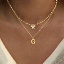 Bow and Initial Necklace Set A to Z, 2 Layered Gold Stainless Steel Necklaces