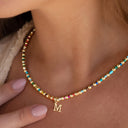 Initial Bead Necklace A to Z, Rainbow Letter Necklace with Stainless Steel Charm
