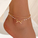 Gold Pearl Anklet with Bow Charm, Double Layer Ankle Bracelet 21 cm for Women | Marliva