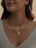 Bow and Initial Necklace Set A to Z, 2 Layered Gold Stainless Steel Necklaces