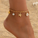 Gold Shell Anklet with Starfish and Pearl Charms, Beach Anklet 22 cm, Ocean Charm Ankle Bracelet | Marliva