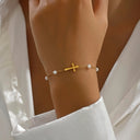 Pearl and Cross Bracelet for Women, Gold Stainless Steel Bracelet