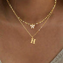Bow and Initial Necklace Set A to Z, 2 Layered Gold Stainless Steel Necklaces