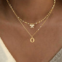 Bow and Initial Necklace Set A to Z, 2 Layered Gold Stainless Steel Necklaces