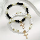 Cross Bead Bracelet Set of 2, Black and White Beaded Bracelets for Women