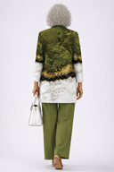 Adalia olive green three piece set with patterned cardigan and wide leg trousers, view 2