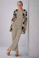 Riva taupe three piece set with black print cardigan and wide-leg trousers