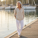 Emery linen button-down blouse with V-neck and roll tab sleeves, view 3