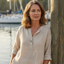 Emery linen button-down blouse with V-neck and roll tab sleeves, view 2