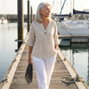 Emery linen button-down blouse with V-neck and roll tab sleeves
