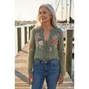 Elsie sage green lace trim floral blouse with sheer long sleeves, view 3