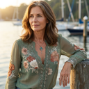 Elsie sage green lace trim floral blouse with sheer long sleeves, view 2