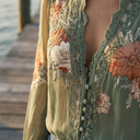 Elsie sage green lace trim floral blouse with sheer long sleeves, view 4