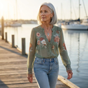 Elsie sage green lace trim floral blouse with sheer long sleeves