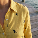 Darla linen blouse with half sleeves and button placket, view 3