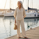 Tahlia linen cotton two-piece set with button-up top and wide-leg pants