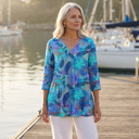 Iona long blue blouse with V-neck and loose fluid fit