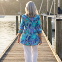 Iona long blue blouse with V-neck and loose fluid fit, view 2