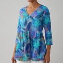 Iona long blue blouse with V-neck and loose fluid fit, view 4