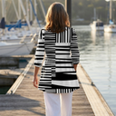 Jada black and white striped blouse with V-neck and three-quarter sleeves, view 2