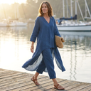 Vera two-piece set with oversized V-neck tunic and cropped wide-leg trousers