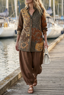 Maddie boho print two-piece set with button-up shirt and trousers