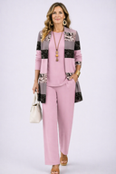 Ariane pink three piece set with patterned cardigan and wide leg trousers