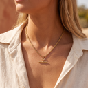Model wearing the Remi gold T-bar rope chain necklace