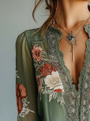 Elsie sage green lace trim floral blouse with sheer long sleeves, view 7