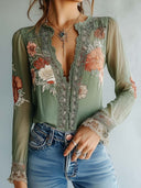 Elsie sage green lace trim floral blouse with sheer long sleeves, view 5