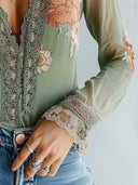 Elsie sage green lace trim floral blouse with sheer long sleeves, view 10