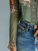 Elsie sage green lace trim floral blouse with sheer long sleeves, view 9