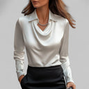 Georgie satin blouse with draped cowl neckline and long sleeves, view 4