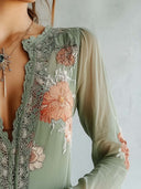Elsie sage green lace trim floral blouse with sheer long sleeves, view 8