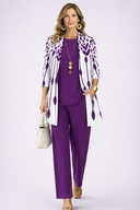 Dulcie purple and white 3 piece set with patterned cardigan and elastic waist trousers